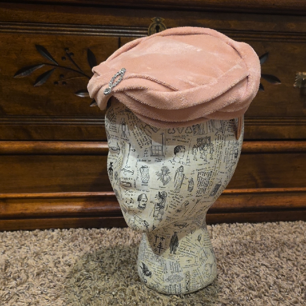 Vintage Pink Velvet Hat with Rhinestone Detail